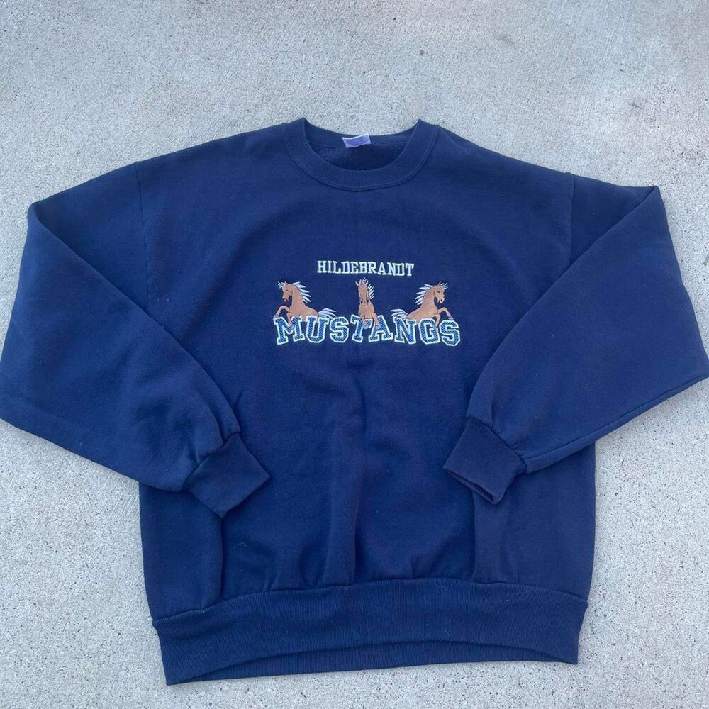 Vintage Jerzees Sweatshirt LG Logo Pullover Mustangs Embroidered Animal Shirt